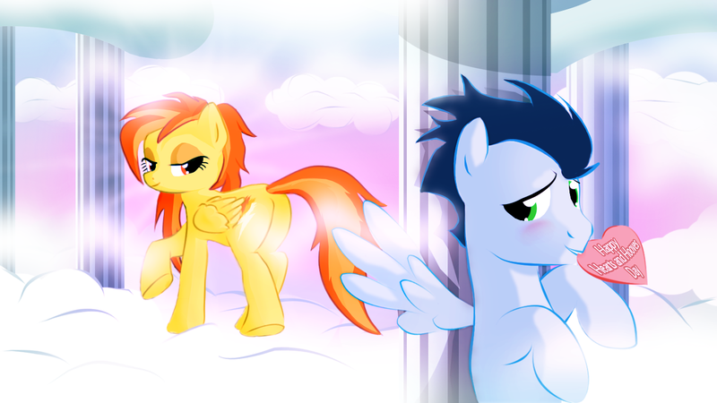 Size: 1366x768 | Tagged: safe, artist:realider, derpibooru import, soarin', spitfire, pegasus, pony, blushing, cloud, cloudsdale, cloudy, column, female, heart, hearts and hooves day cards, lidded eyes, male, mouth hold, shipping, soarinfire, spread wings, straight, valentine, valentines day card, wingboner, wings