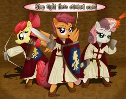 Size: 1280x1001 | Tagged: apple bloom, archer, artist:dcencia, christianity, cross, crusader, crusaders, crusaders relics, crusades, cutie mark crusaders, dead source, derpibooru import, fantasy class, knight, knights of the nine, mage, oblivion, paladin, reference, religious headcanon, safe, scootaloo, stop right there criminal scum, sweetie belle, the elder scrolls, warrior