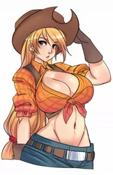 Size: 711x1097 | Tagged: applejack, artist:maniacpaint, breasts, busty applejack, cleavage, curvy, derpibooru import, female, human, humanized, simple background, solo, solo female, suggestive, wide hips