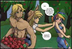 Size: 815x556 | Tagged: suggestive, artist:jaynaylor, derpibooru import, edit, applejack, big macintosh, rainbow dash, appledash, breasts, clothes, female, humanized, lesbian, lesbian in front of boys, male, shipping, text edit, topless