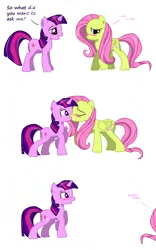 Size: 1024x1638 | Tagged: safe, artist:braeburnlove, derpibooru import, fluttershy, twilight sparkle, pegasus, pony, unicorn, blushing, comic, cute, dialogue, eyes closed, female, frown, kissing, lesbian, lidded eyes, looking away, looking down, mare, raised hoof, shipping, shy, simple background, smiling, surprise kiss, surprised, text, transparent background, twishy, unicorn twilight, walking, wide eyes