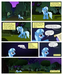 Size: 1396x1665 | Tagged: safe, artist:areyesram, derpibooru import, trixie, pony, comic:one day, comic, everfree forest, forest, sad, solo