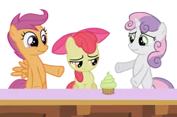 Size: 3000x1974 | Tagged: safe, artist:dipi11, derpibooru import, apple bloom, scootaloo, sweetie belle, pony, bipedal, cupcake, cutie mark crusaders, female, filly, sad, simple background, transparent background, vector