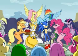Size: 2117x1513 | Tagged: suggestive, artist:ss2sonic, derpibooru import, applejack, candy mane, cherry berry, derpy hooves, fluttershy, lightning bolt, pinkie pie, rainbow dash, rarity, spike, twilight sparkle, twinkleshine, white lightning, anthro, pegasus, unguligrade anthro, apple, barbie doll anatomy, blushing, breasts, busty applejack, busty derpy hooves, busty fluttershy, busty pinkie pie, busty rainbow dash, busty rarity, busty twilight sparkle, crossover, featureless breasts, featureless crotch, female, mane seven, mane six, mare, miles "tails" prower, nudity, practitioner of naturism, sonic the hedgehog, sonic the hedgehog (series)