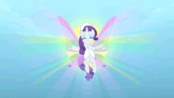 Size: 640x360 | Tagged: animated, clothes, derpibooru import, eyes closed, flapping, floating, glimmer wings, hard hat, lab coat, loop, rarity, safe, screencap, solo, sonic rainboom (episode), wings
