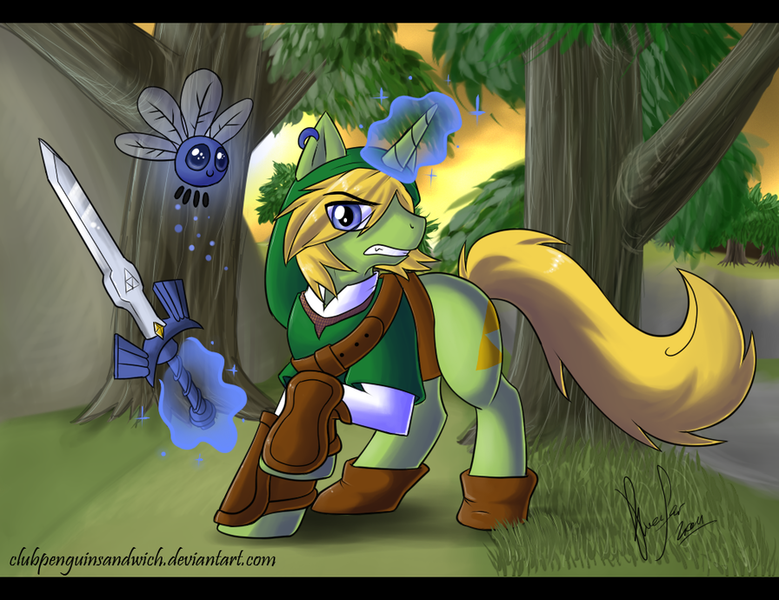 Size: 900x693 | Tagged: safe, artist:rookatt, derpibooru import, ponified, parasprite, pony, unicorn, 2011, clothes, crossover, hat, levitation, link, magic, male, master sword, navi, nintendo, paraspritized, solo, species swap, stallion, sword, telekinesis, the legend of zelda, video game, weapon