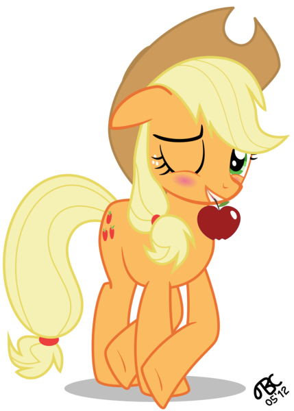 Size: 5000x7000 | Tagged: absurd resolution, apple, applejack, artist:tbcroco, blushing, crossed hooves, cute, derpibooru import, female, jackabetes, mouth hold, obligatory apple, safe, show accurate, simple background, solo, transparent background, vector, wink