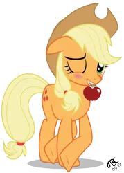 Size: 5000x7000 | Tagged: absurd resolution, apple, applejack, artist:tbcroco, blushing, crossed hooves, cute, derpibooru import, female, jackabetes, mouth hold, obligatory apple, safe, show accurate, simple background, solo, transparent background, vector, wink