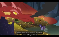 Size: 1280x800 | Tagged: basil, derpibooru import, dragon, dragonshy, ei, hub logo, safe, screencap, tony molinaro, twilight alias, twilight sparkle, youtube caption