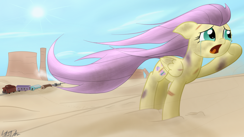 Size: 1280x720 | Tagged: safe, artist:mattatatta, derpibooru import, fluttershy, pegasus, pony, survivor shy, bruised, crying, cut, desert, female, injured, mare, solo, train, train wreck