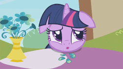 Size: 640x360 | Tagged: safe, derpibooru import, screencap, twilight sparkle, pony, unicorn, the ticket master, animated, cute, eating, female, floppy ears, flower, food, horses doing horse things, mare, open mouth, petals, sad, solo, tongue out, twiabetes, twiman, unicorn twilight