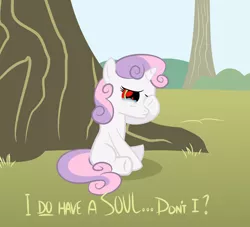 Size: 1248x1131 | Tagged: safe, artist:shadowdark3, derpibooru import, sweetie belle, pony, robot, robot pony, unicorn, blank flank, crying, female, filly, foal, hooves, horn, philosophy, red eyes, sad, sitting, solo, soul, sweetie bot, text, tree