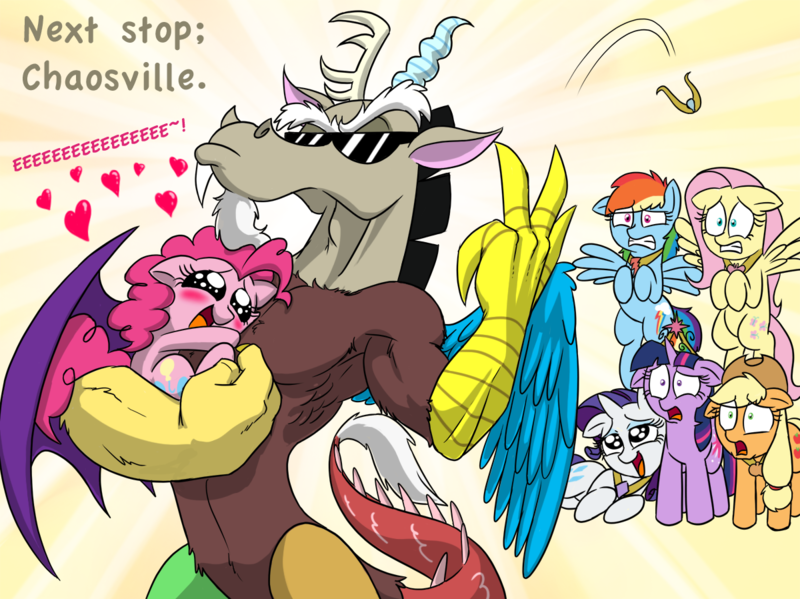 Size: 1200x898 | Tagged: safe, artist:mickeymonster, derpibooru import, applejack, discord, fluttershy, pinkie pie, rainbow dash, rarity, twilight sparkle, draconequus, earth pony, pegasus, pony, unicorn, big crown thingy, confused, discopie, eeee, element of generosity, element of honesty, element of kindness, element of laughter, element of loyalty, element of magic, elements of harmony, female, floppy ears, fluffy, flying, frown, gradient background, gritted teeth, heart, holding a pony, hug, jewelry, lidded eyes, male, mare, muscles, one of these things is not like the others, open mouth, raised eyebrow, regalia, shipper on deck, shipperity, shipping, shocked, side, smiling, spread wings, squee, straight, stupid sexy discord, sunglasses, swoon, throwing, varying degrees of want, wide eyes