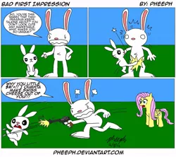 Size: 1015x900 | Tagged: angel bunny, angel is a bunny bastard, artist:pheeph, comic, crossover, derpibooru import, fluttershy, gun, kicked in the crotch, luger, max, safe, sam and max