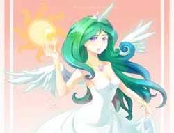 Size: 800x611 | Tagged: artist:canarycharm, clothes, derpibooru import, dress, female, humanized, princess celestia, safe, solo