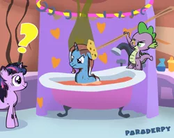 Size: 2650x2100 | Tagged: artist:slitherpon, bath, bathtub, claw foot bathtub, clothespin, derpibooru import, fanfic art, getting back on your hooves, high res, safe, skunk spray, smell, spike, tomato juice, trixie, twilight sparkle, visible stench