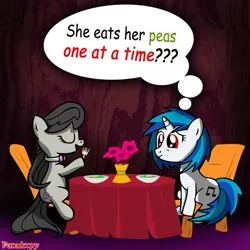 Size: 1500x1500 | Tagged: safe, artist:slitherpon, derpibooru import, octavia melody, vinyl scratch, chair, eating, eyes closed, female, flower, food, fork, herbivore, lesbian, pea, scratchtavia, shipping, sitting, table, table cloth, tablecloth, thought bubble