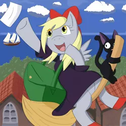 Size: 1500x1500 | Tagged: safe, artist:7th-swell, derpibooru import, derpy hooves, cat, pegasus, pony, anime, boat, bow, broom, clinging, clothes, cosplay, costume, crossover, cute, derpabetes, eye clipping through hair, female, flying, flying broomstick, house, kiki's delivery service, letter, mail, mailbag, mare, ocean, open mouth, parody, scared, smiling, spread wings, studio ghibli, tree, wide eyes