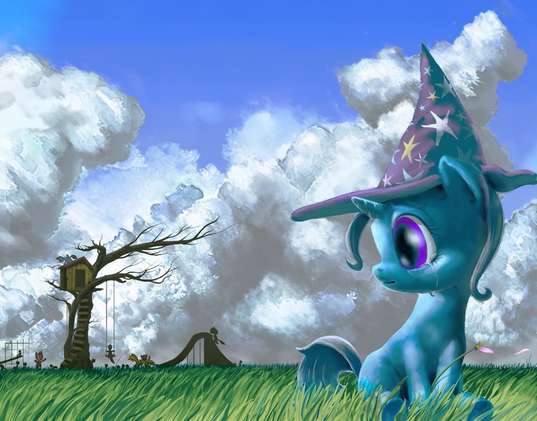 Size: 1500x1175 | Tagged: artist:changeunism, cloud, cloudy, crying, cute, derpibooru import, diatrixes, filly, safe, treehouse, trixie