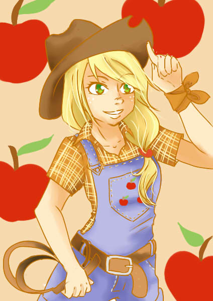 Size: 424x600 | Tagged: apple, applejack, applejack's hat, artist:hana7, belt, clothes, cowboy hat, derpibooru import, food, freckles, hat, human, humanized, safe, shirt, smiling, solo