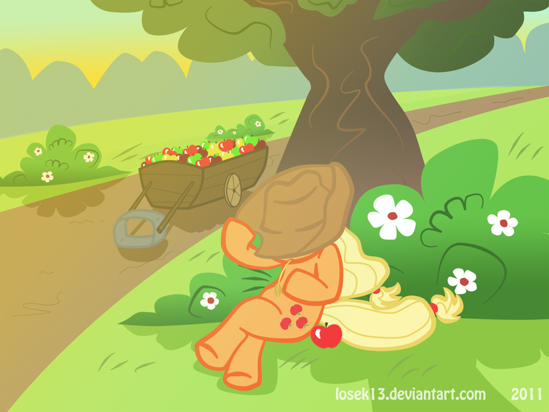 Size: 1500x1125 | Tagged: apple, applejack, artist:losek13, cart, derpibooru import, food, obligatory apple, safe, sleeping, solo, tree