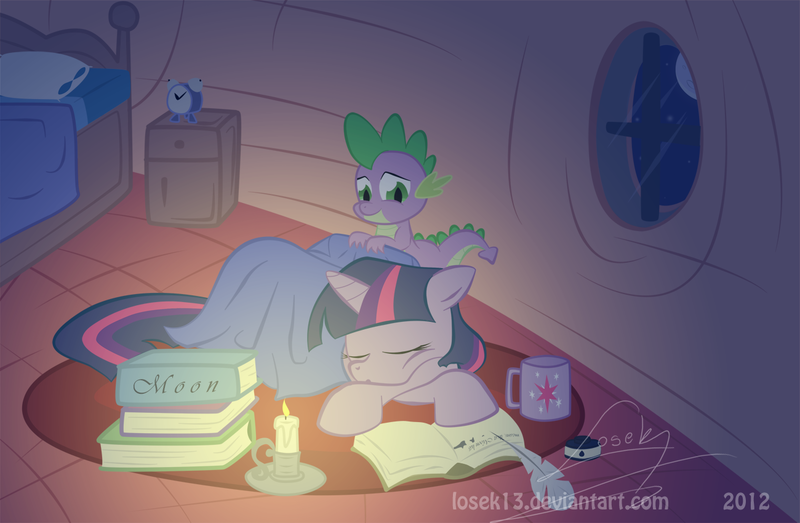 Size: 1300x850 | Tagged: artist:losek13, bed, derpibooru import, safe, sleeping, spike, twilight sparkle