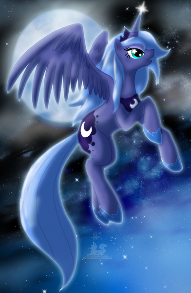 Size: 850x1300 | Tagged: artist:thepipefox, derpibooru import, flying, moon, princess luna, s1 luna, safe, solo