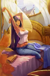 Size: 799x1200 | Tagged: armpits, artist:quizzicalkisses, bed, bedroom, book, clothes, curvy, cute, derpibooru import, eyes closed, female, human, humanized, midriff, morning ponies, safe, sitting, smiling, solo, stretching, twiabetes, twilight sparkle, wide hips, window