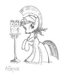 Size: 1432x1796 | Tagged: safe, artist:catscratchpaper, derpibooru import, owlowiscious, twilight sparkle, pony, armor, athena, athena sparkle, costume, duo, female, grayscale, greek, greek mythology, helmet, hilarious in hindsight, mare, monochrome, mouth hold, olive branch, rearing, robes, simple background, traditional art, white background