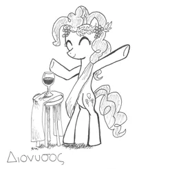 Size: 1468x1440 | Tagged: safe, artist:catscratchpaper, derpibooru import, pinkie pie, pony, bipedal, dionysus, greek, greek mythology, monochrome, solo, wine