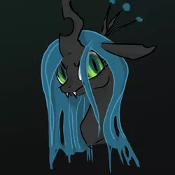 Size: 900x900 | Tagged: safe, artist:seyrii, derpibooru import, queen chrysalis, changeling, changeling queen, black background, bust, fangs, female, floppy ears, frown, gradient background, image, png, slit eyes, smiling, solo