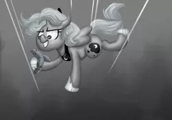 Size: 800x559 | Tagged: safe, artist:whiteeyedcat, derpibooru import, princess luna, pony, moonstuck, banana, cartographer's cavendish, cute, falling, fanart, grayscale, grin, monochrome, origami, scene interpretation, smirk, solo, woona