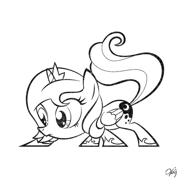 Size: 800x800 | Tagged: safe, artist:olegsavoskin, derpibooru import, princess luna, pony, cute, filly, lineart, monochrome, simple background, solo, woona