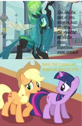 Size: 757x1164 | Tagged: safe, artist:epikjoe, derpibooru import, edit, edited screencap, screencap, applejack, queen chrysalis, twilight sparkle, changeling, changeling queen, earth pony, pony, unicorn, a canterlot wedding, swarm of the century, comic, cropped, dialogue, female, image, mare, png, screencap comic