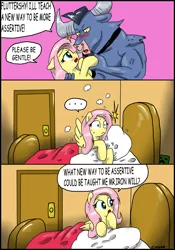 Size: 2181x3109 | Tagged: safe, artist:ciriliko, derpibooru import, fluttershy, iron will, minotaur, pegasus, pony, ..., comic, creeper, dialogue, dream, female, floppy ears, high res, ironshy, male, mare, minecraft, open mouth, painfully innocent fluttershy, shipping, shocked, sleeping, spread wings, straight, wingboner, wings