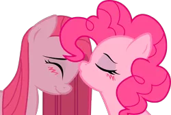 Size: 2488x1674 | Tagged: safe, artist:kennyklent, derpibooru import, pinkie pie, pony, blushing, dual persona, duality, eyes closed, female, kissing, lesbian, mare, pinkamena diane pie, self ponidox, selfcest, shipping, simple background, smiling, transparent background