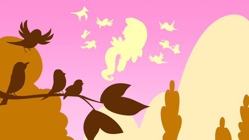 Size: 1920x1080 | Tagged: safe, artist:moabite, derpibooru import, fluttershy, bird, pegasus, pony, female, flying, hooves, lineless, mare, minimalist, silhouette, solo, tree, wallpaper, wings