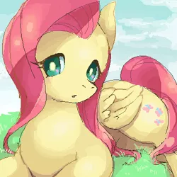 Size: 400x400 | Tagged: safe, artist:punikemo, derpibooru import, fluttershy, pegasus, pony, female, folded wings, grass, head turn, looking at you, mare, open mouth, outdoors, prone, solo, wings