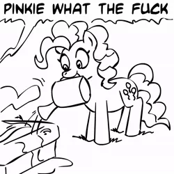 Size: 945x945 | Tagged: artist:megasweet, derpibooru import, implied bedwetting, monochrome, not a bedwetting meme, pinkie pie, pun, safe, vulgar, watering can