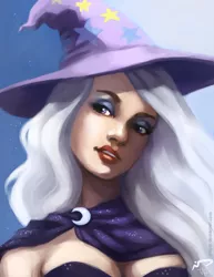 Size: 638x825 | Tagged: artist:majoh, breasts, brooch, bust, cleavage, clothes, derpibooru import, eyeshadow, female, hat, human, humanized, makeup, safe, solo, trixie, trixie's hat