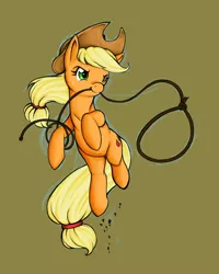 Size: 600x750 | Tagged: safe, artist:longinius, derpibooru import, applejack, earth pony, pony, brown background, female, jumping, lasso, mare, mouth hold, simple background, solo