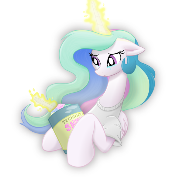 Size: 6000x5979 | Tagged: absurd resolution, artist:joey darkmeat, artist:tajarnia, clothes, comfort eating, crying, cute, cutelestia, derpibooru import, ice cream, princess celestia, sad, safe, shirt, solo