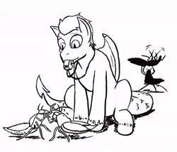 Size: 1022x876 | Tagged: artist:mistermech, black and white, chimera, cockroach, derpibooru import, fallout equestria, fallout equestria: project horizons, fanfic art, fusion, grayscale, insect, monochrome, oc, oc:gorgon, oc:stonewing, project chimera (project horizons), radroach, safe, simple background, solo, unofficial characters only, vector, white background