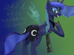 Size: 4000x3000 | Tagged: safe, artist:deathshadow1991, derpibooru import, princess luna, queen chrysalis, alicorn, changeling, changeling queen, pony, dialogue, disguise, disguised changeling, fangs, female, gradient background, image, looking back, mare, moonbutt, plot, png, raised hoof, slit eyes, smiling, solo, standing, transformation