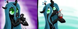 Size: 6543x2480 | Tagged: safe, artist:ls820720, derpibooru import, queen chrysalis, changeling, changeling queen, 2 panel comic, cheeselegs, comic, drinking, fangs, female, floppy ears, happy, holes, image, lidded eyes, mundane utility, png, silly changeling, slit eyes, solo, straw, tongue out