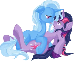 Size: 5177x4288 | Tagged: suggestive, artist:bigbuxart, derpibooru import, trixie, twilight sparkle, :p, absurd resolution, female, floppy ears, lesbian, shipping, tongue out, twixie