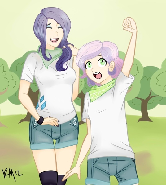 Size: 800x895 | Tagged: artist:emberfan11, bandana, derpibooru import, humanized, rarity, safe, scene interpretation, sisterhooves social, sisters, sweetie belle