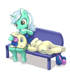 Size: 546x564 | Tagged: safe, artist:usappy-barkhaward, derpibooru import, bon bon, lyra heartstrings, sweetie drops, bench, ear cleaning, female, lesbian, lyrabon, mimikaki, shipping, sitting