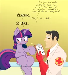 Size: 1200x1316 | Tagged: artist:joey darkmeat, artist:pageturner1988, blushing, clipboard, cramp, crossover, cutie mark, derpibooru import, glasses, implied masturbation, medic, obvious lie is obvious, suggestive, team fortress 2, twibutt, twilight sparkle, wanker's cramp