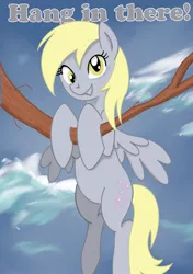 Size: 944x1342 | Tagged: safe, artist:rtug, derpibooru import, derpy hooves, pegasus, pony, female, hang in there, mare, poster, solo, tree branch